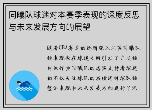 同曦队球迷对本赛季表现的深度反思与未来发展方向的展望