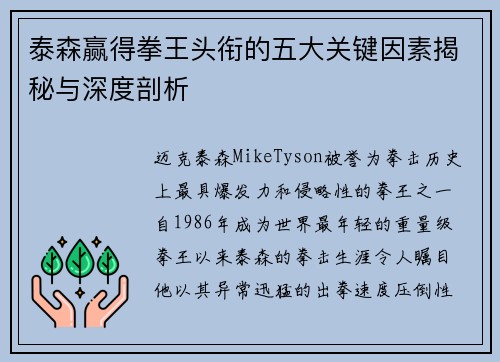 泰森赢得拳王头衔的五大关键因素揭秘与深度剖析